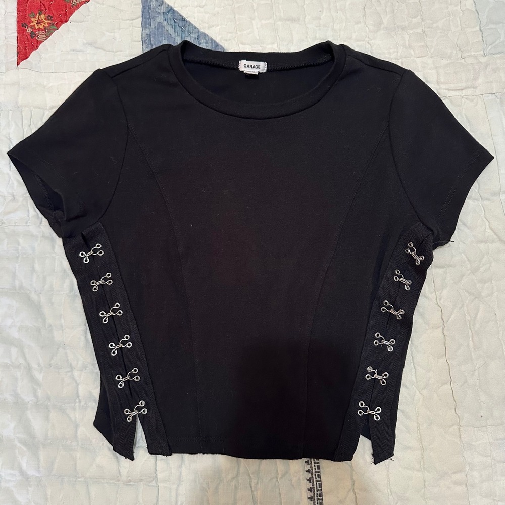 Garage Hook and Eye Side Detail Crop Top Black Medium